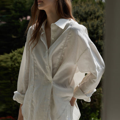 French Hollow Embroidered Linen Loose Long Sleeve Blouse