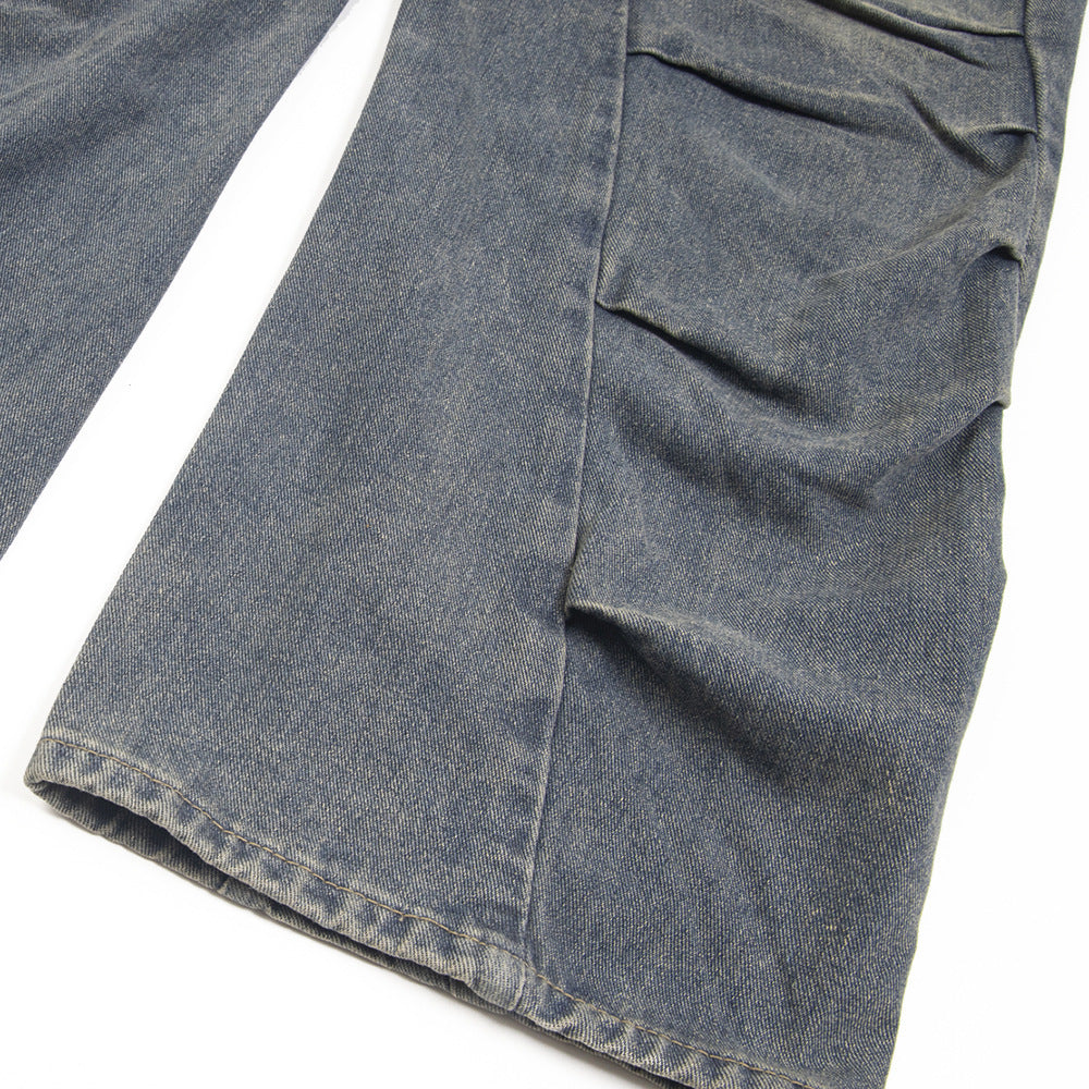 Irregular Pleated Worn Jeans Men And Women