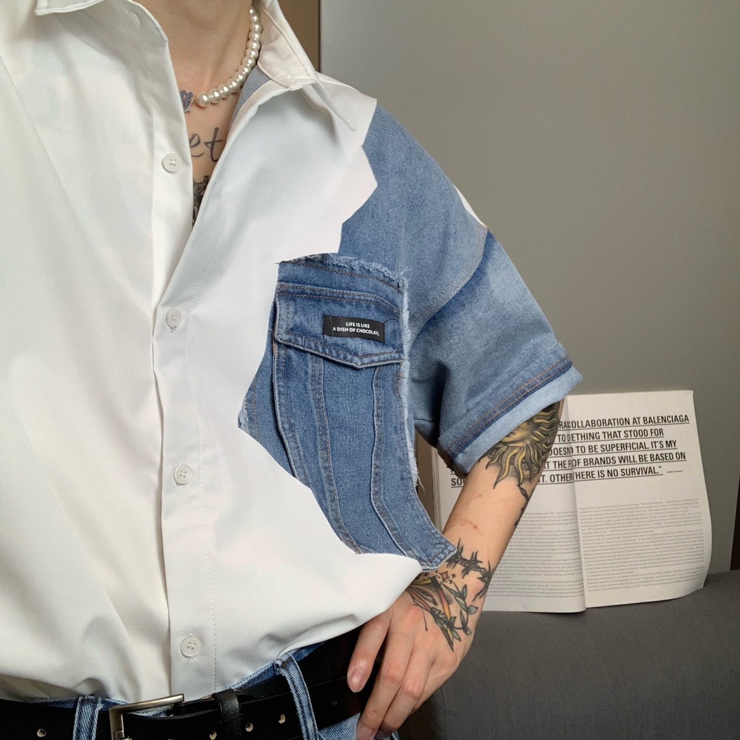 White Denim Shirt, Square Neck, Short Sleeves