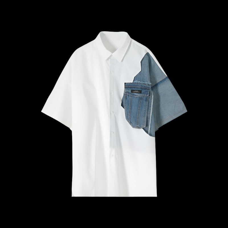 White Denim Shirt, Square Neck, Short Sleeves