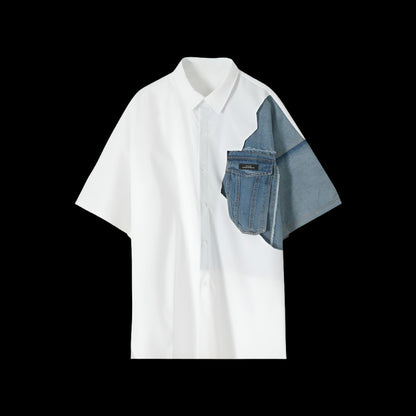 White Denim Shirt, Square Neck, Short Sleeves