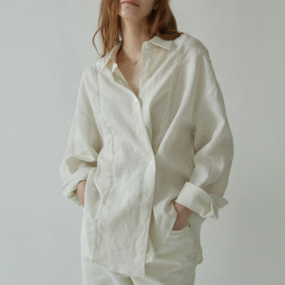 French Hollow Embroidered Linen Loose Long Sleeve Blouse