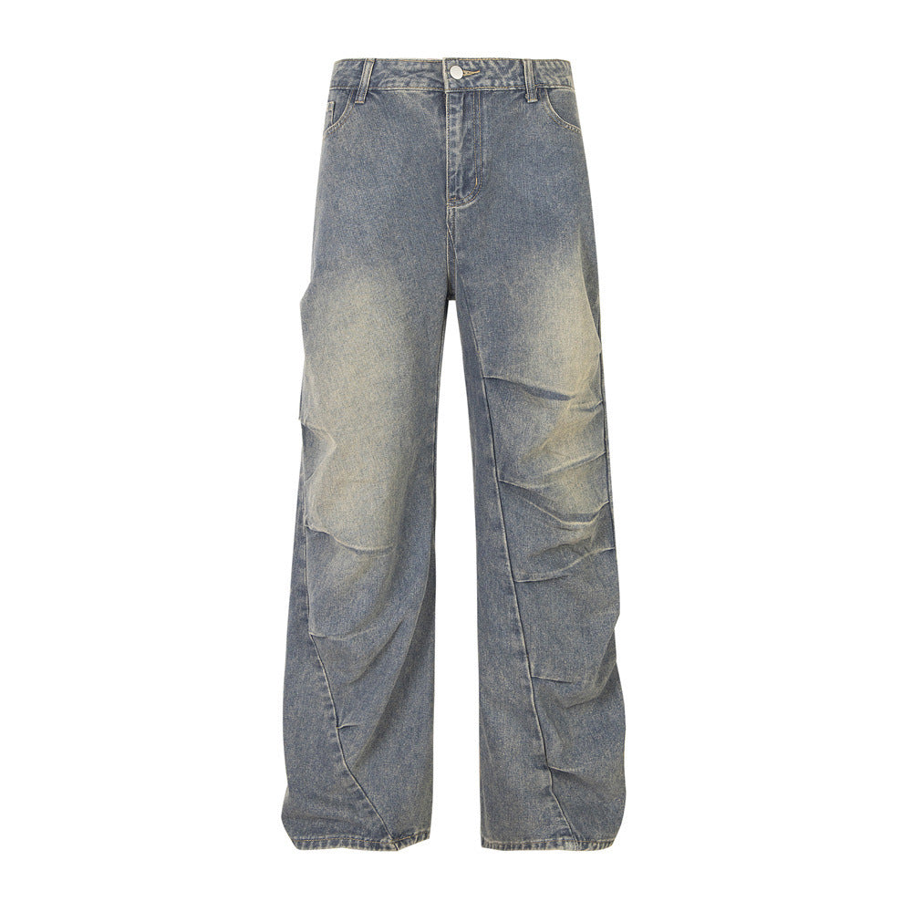 Irregular Pleated Worn Jeans Men And Women