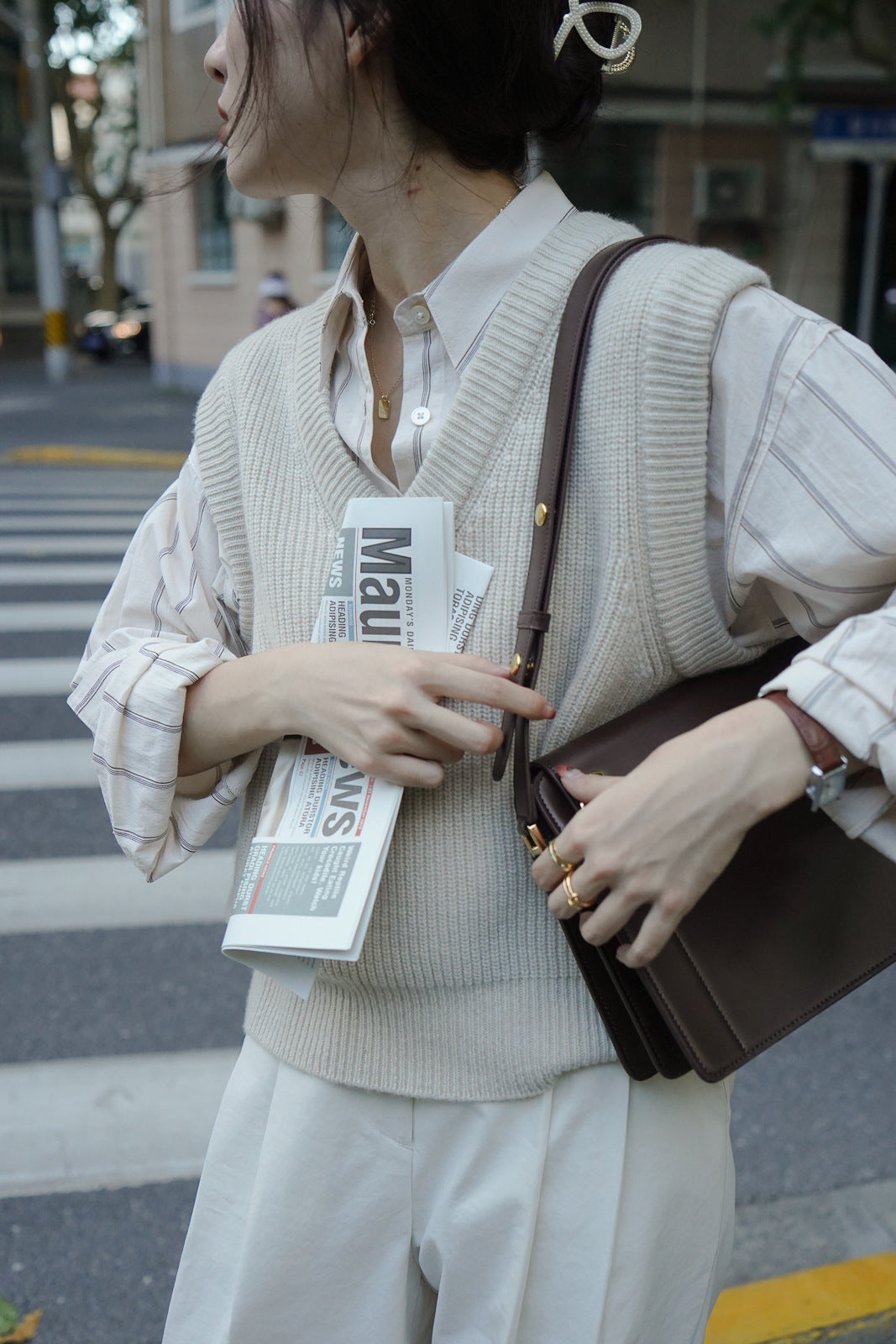 Colored Striped Commuting Silhouette Lapel Shirt