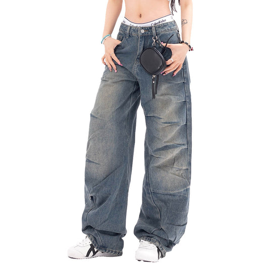 Irregular Pleated Worn Jeans Men And Women