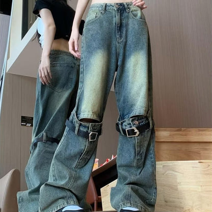 American Washed Distressed Belt Decorative Ripped Jeans