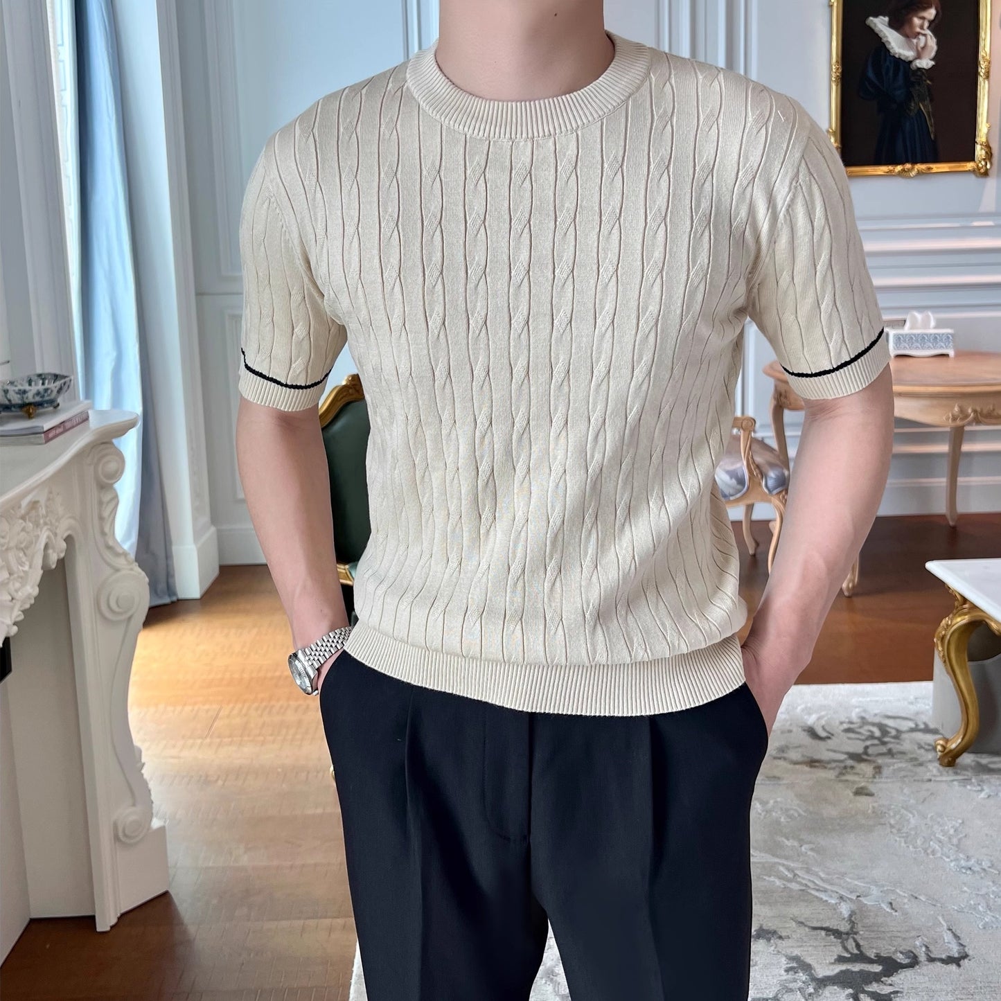 Men's Round Neck Short Sleeve T-shirt - FREQ Weaving Knitted