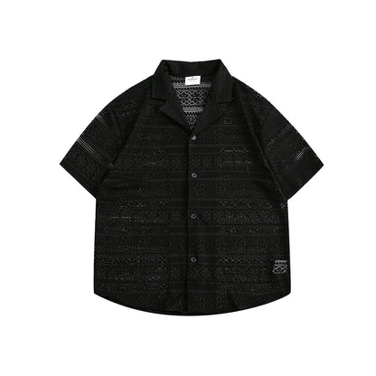 Hollow Pattern Cuban Collar Short Sleeve Shirt