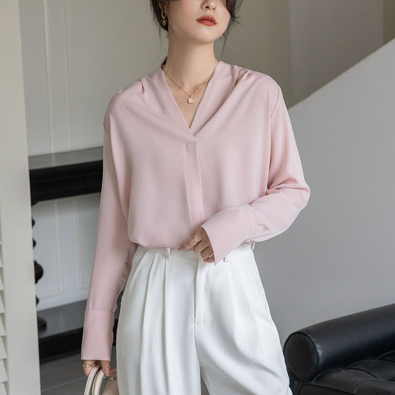 Korean Style V-neck Long Sleeve Satin Blouse