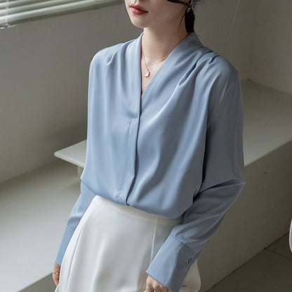 Korean Style V-neck Long Sleeve Satin Blouse