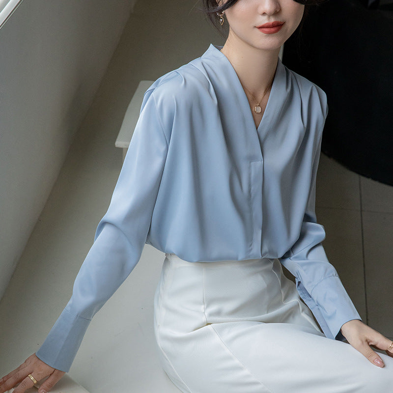 Korean Style V-neck Long Sleeve Satin Blouse