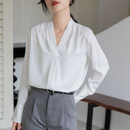 Korean Style V-neck Long Sleeve Satin Blouse