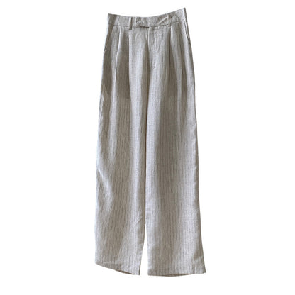 Women's Retro Texture Linen Striped Trousers High Waist