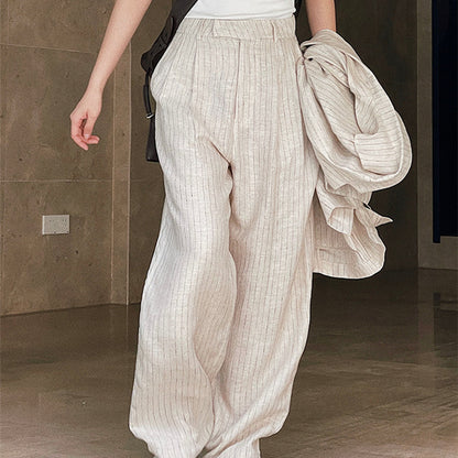 Women's Retro Texture Linen Striped Trousers High Waist