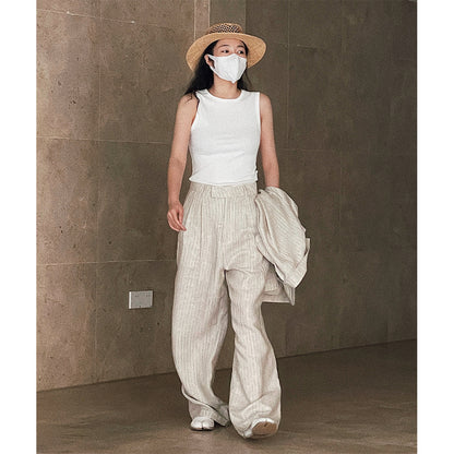 Women's Retro Texture Linen Striped Trousers High Waist